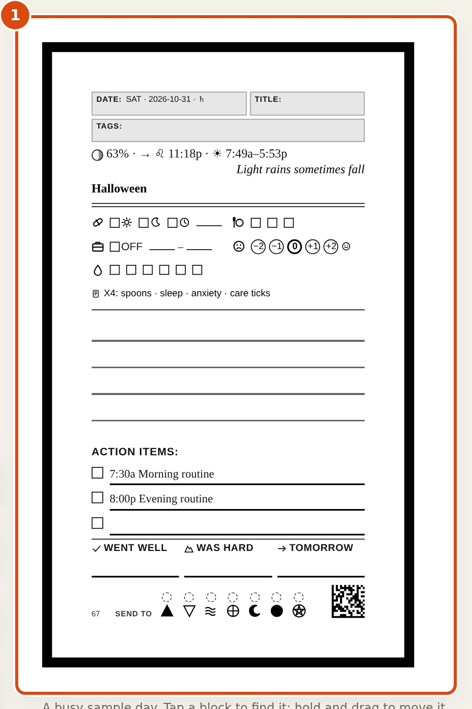 The busy sample day page with large print and high-contrast ink switched on: bigger type, black rules, and fewer blocks fit. Marked: 1, The page: The preview changes as soon as you switch an option on.
