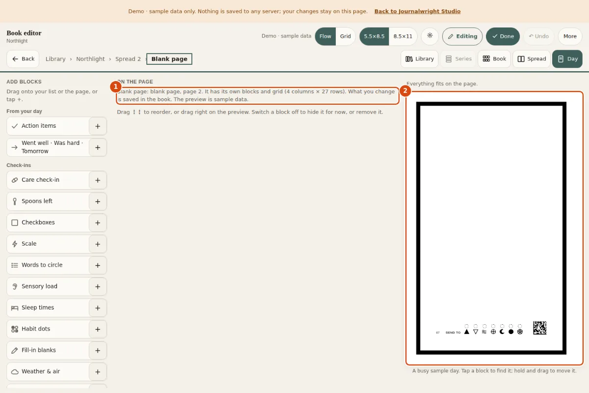 The blank page (page 2 of the sample book) open in the block editor: the preview has no header, only the scan frame, the SEND TO strip and the page code. Marked: 1, Blank page grid: A blank page has no header, so its grid is 4 columns by 27 rows. 2, Preview: Empty until you add blocks.