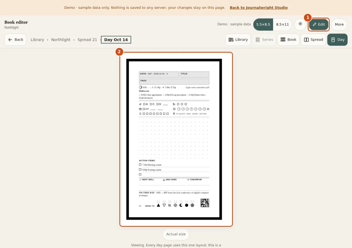 A day page in view mode: only the page, read-only, with an Edit button at the top right. Marked: 1, Edit: Switches this page to edit mode. 2, The page: The day page at print size.