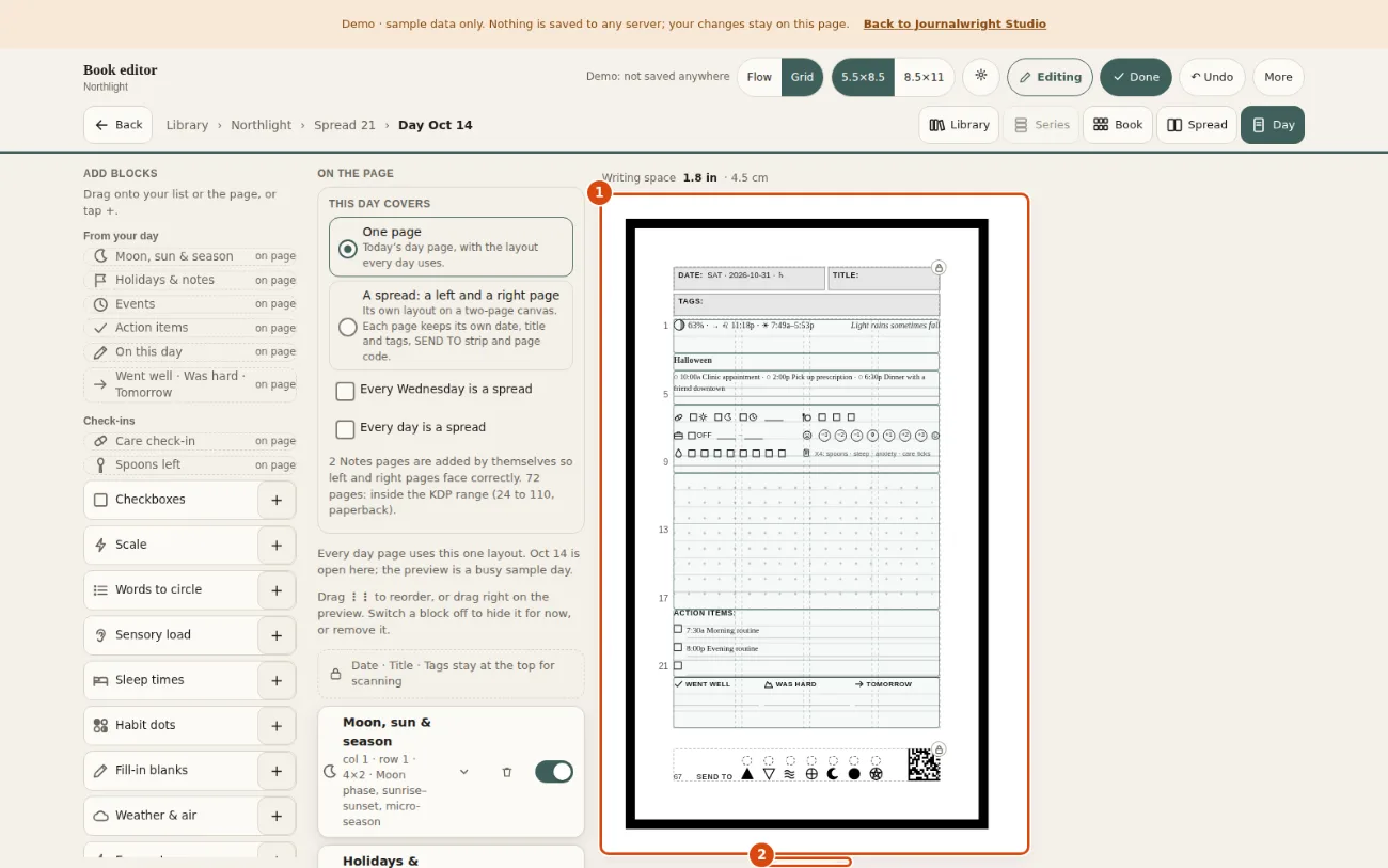 Grid mode: the page preview with its rows and columns drawn over it, and the block list showing where each block sits. Marked: 1, The grid: Dotted lines show the columns and the numbers down the side count rows. 2, Actual size: Shows the page at true printed size, so you can judge whether a line is big enough to write on.