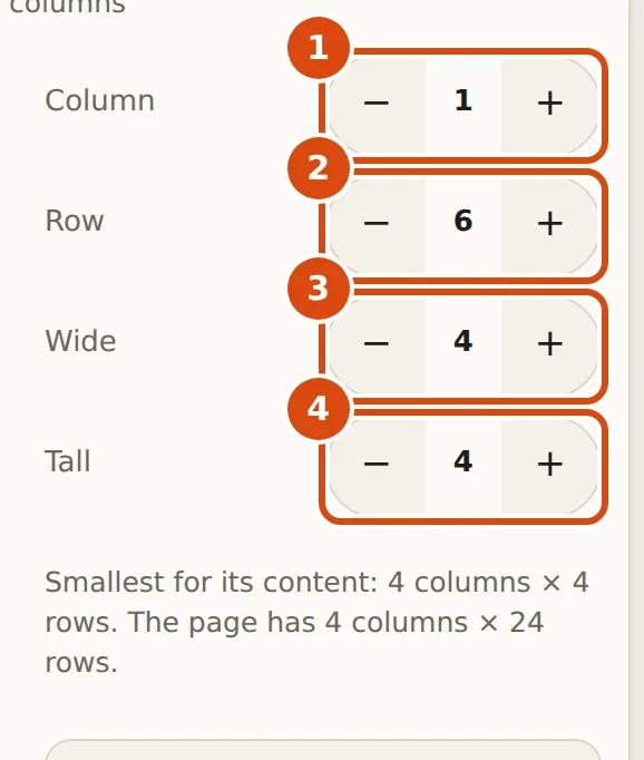 The four steppers that place a block on the grid: Column, Row, Wide and Tall. Marked: 1, Column: Which column the block starts in. 2, Row: Which row it starts in. 3, Wide: How many columns it covers. 4, Tall: How many rows it covers.