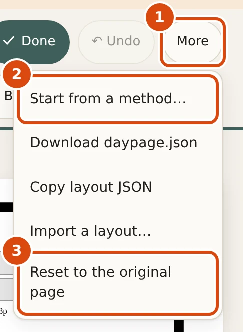 The More menu open, listing Start from a method, Download, Copy, Import and Reset. Marked: 1, More: Opens the menu of things that act on the whole layout. 2, Start from a method: Pick a ready-made arrangement, such as a bullet journal or time blocking, and edit it from there. 3, Reset: Goes back to the original page.