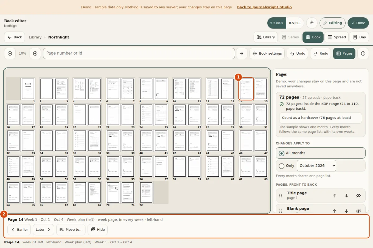 Page 14 selected on the canvas with a thick outline, and its toolbar under the canvas. Marked: 1, A selected page: Press a page once to select it. 2, Page toolbar: The actions for the selected page.