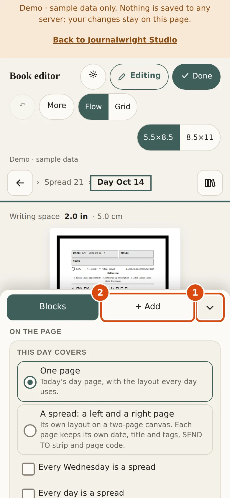 The editor on a phone, 390 pixels wide: the page preview fills the screen and the blocks sit in a sheet at the bottom. Marked: 1, Sheet handle: Collapses or opens the blocks sheet, so you can see the whole page. 2, + Add: Switches the sheet from your blocks to the palette of blocks to add.