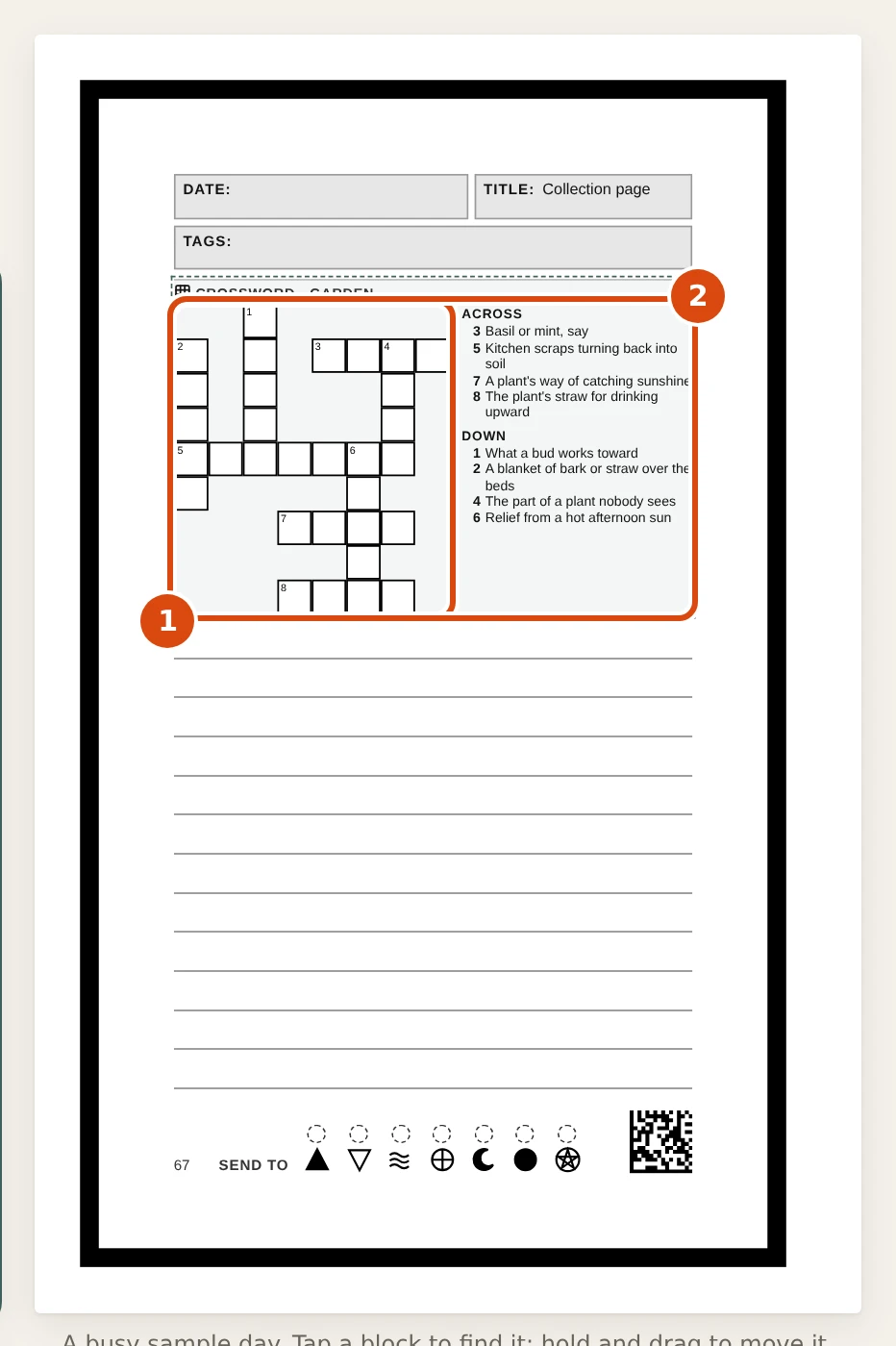A Collection page with a crossword on it: a grid of numbered squares with the Across and Down clues listed to its right. Marked: 1, Crossword grid: Numbered squares. 2, Clues: Across and Down clues, numbered like the grid.