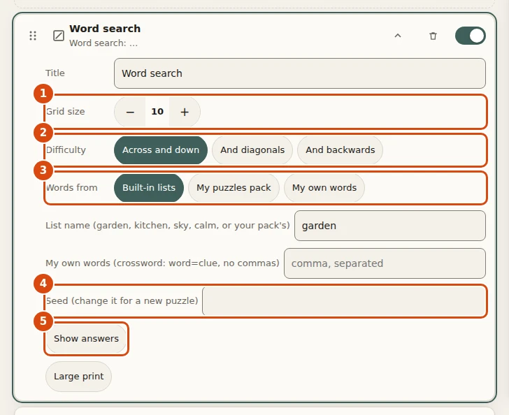 A Word search block opened in the list to show its options: title, grid size, difficulty, where the words come from, a seed, and switches for answers and large print. Marked: 1, Grid size: Squares per side. 2, Difficulty: Easy hides words across and down only, medium adds diagonals, hard adds backwards words. 3, Words from: Built-in lists, your own puzzles pack (the print build reads it), or words you type. 4, Seed: The same seed on the same page gives the same puzzle on every reprint. 5, Show answers: Prints the solution into the puzzle.