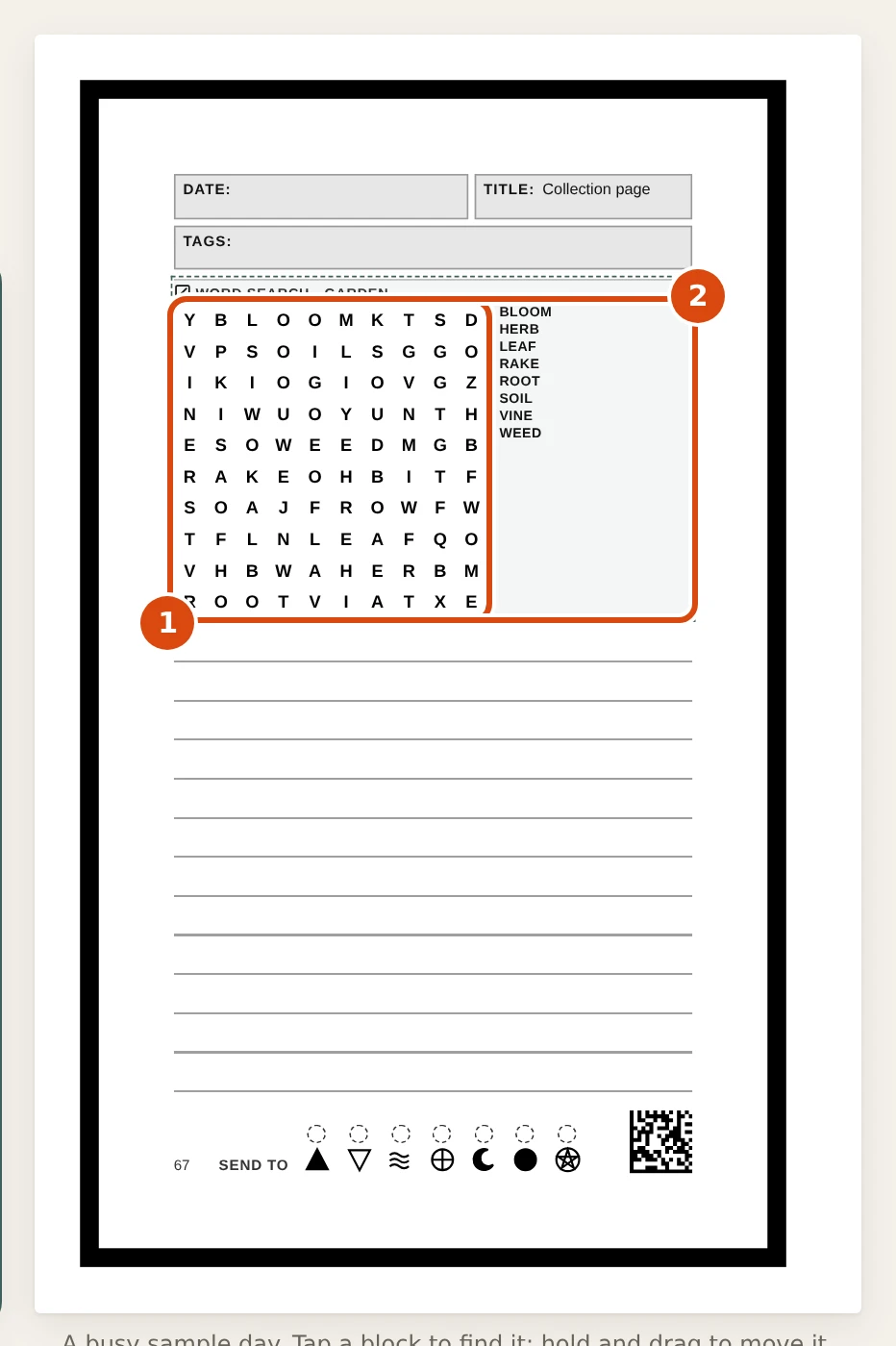 A Collection page with a word search on it: a ten by ten grid of letters with the words to find listed to its right, and ruled writing lines below. Marked: 1, Letter grid: The words are hidden across and down. 2, Puzzle block: The whole block: the title line, the grid and the word list.