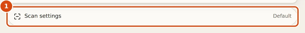 The Scan settings button under the block list, closed. Marked: 1, Scan settings: Opens the scan marks for every day page: the border, the code, where it sits and how big it is.