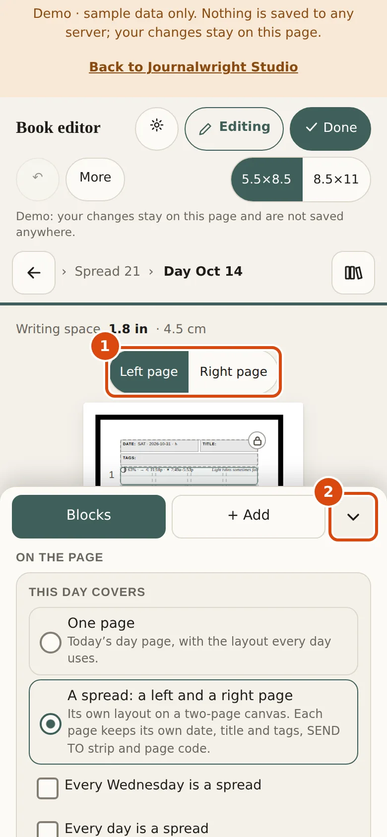 A spread day on a phone, 390 pixels wide: the preview shows one page at a time, with a Left page and Right page switch above it. Marked: 1, Left page, Right page: On a narrow screen the editor shows one page of the spread at a time. 2, Sheet handle: Collapses or opens the blocks sheet.