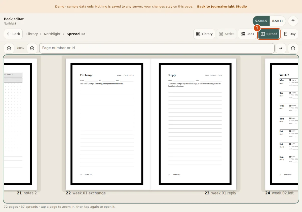The Spread view: two facing pages at reading size. Marked: 1, Spread: You are here: two facing pages, side by side, as they sit in the printed book.