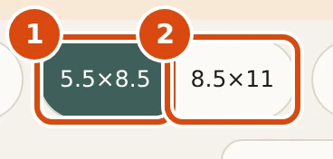 The page-size switch in the top bar: 5.5 by 8.5 inches is selected, 8.5 by 11 is next to it. Marked: 1, 5.5×8.5: The small trim: a paperback you can carry. 2, 8.5×11: The big trim: more room to write.