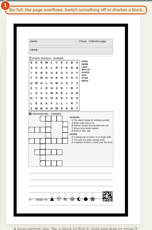 A Collection page with a word search and a crossword on it. A red warning above the page preview says Too full: the page overflows. Marked: 1, Too full: The page overflows: something does not fit.