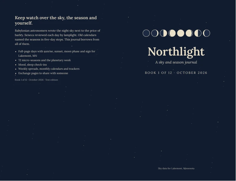 A wrap-around cover for the sample book Northlight, deep blue with a row of moon phases and the title in cream.