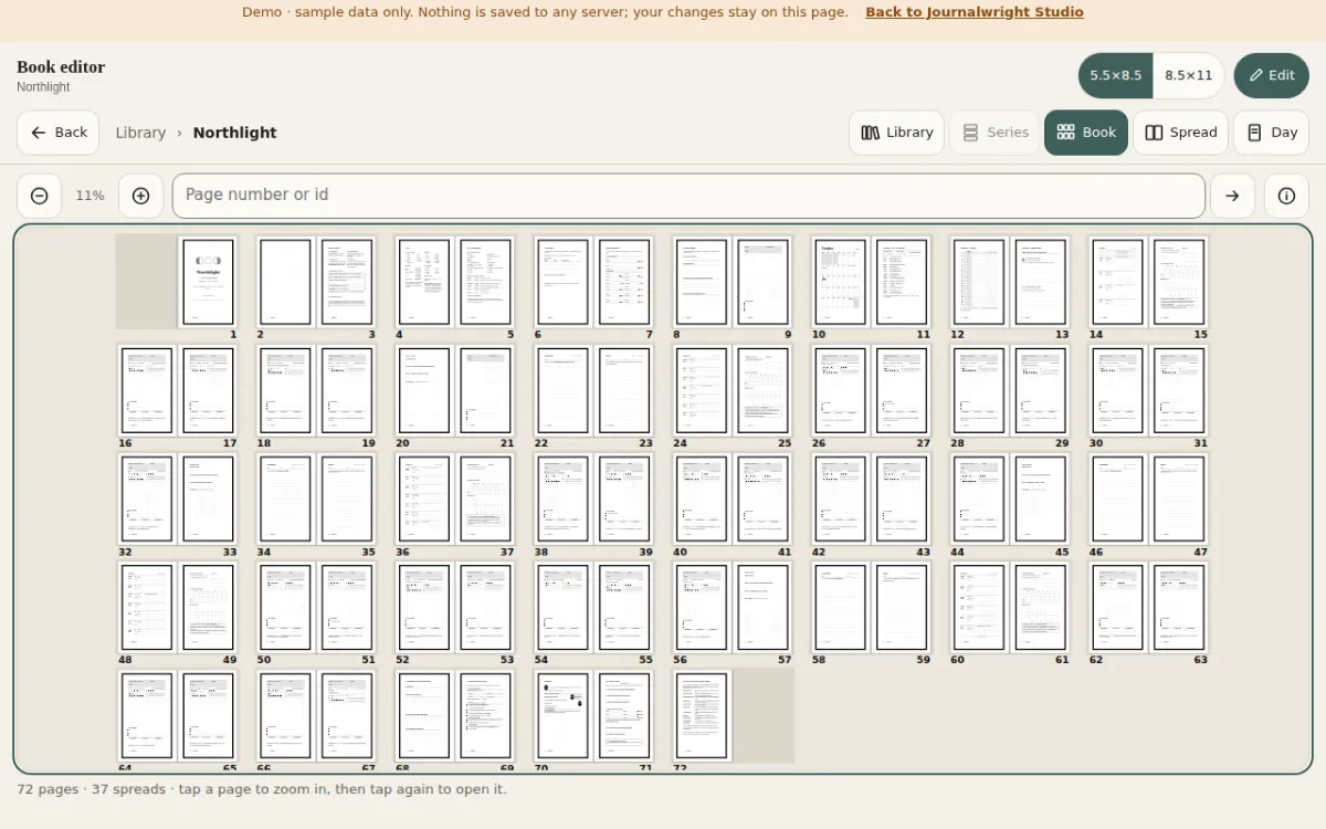 The Book view: all 72 pages of the sample book laid out in facing spreads, with a page-number box, a zoom control and a legend button.