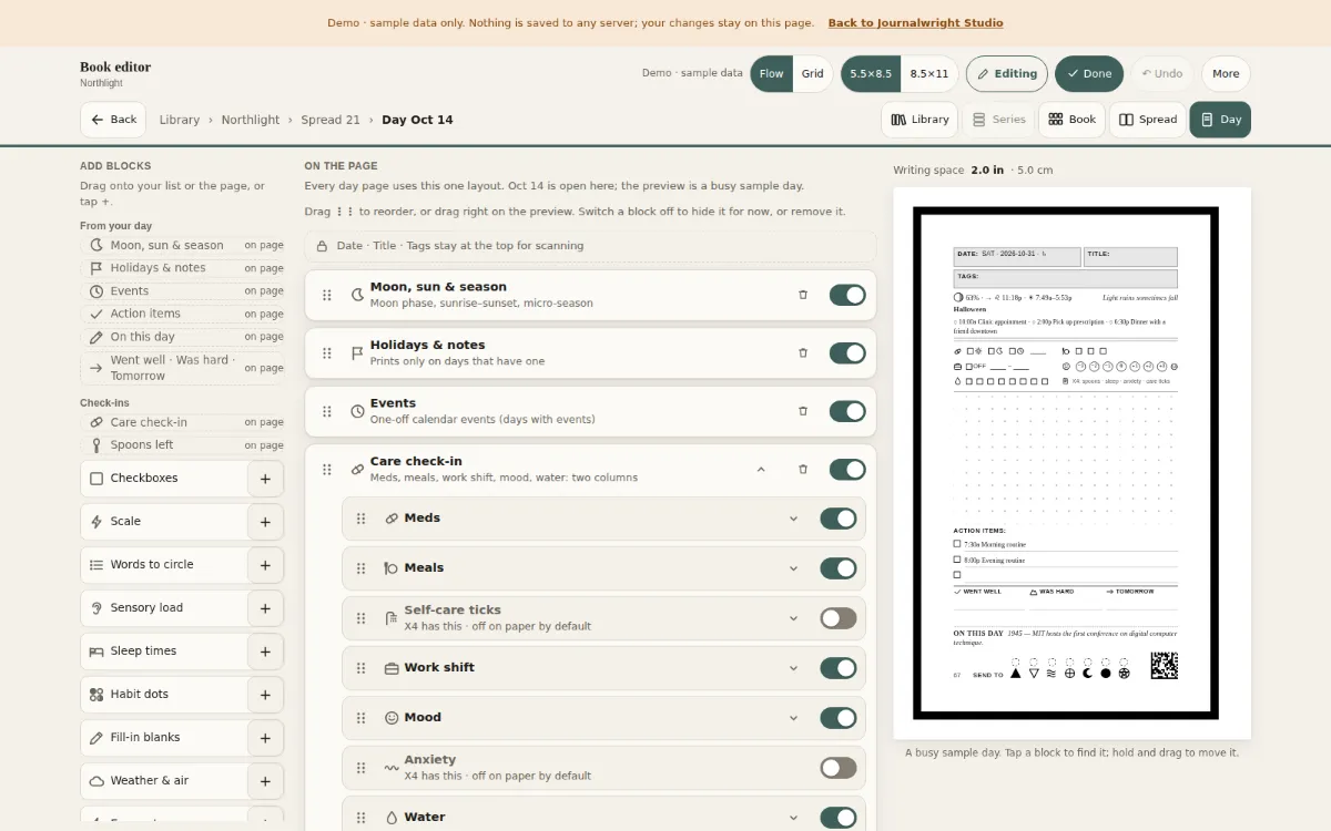 The day page in edit mode: the palette of blocks on the left, the list of blocks on the page in the middle, and the live page preview on the right.