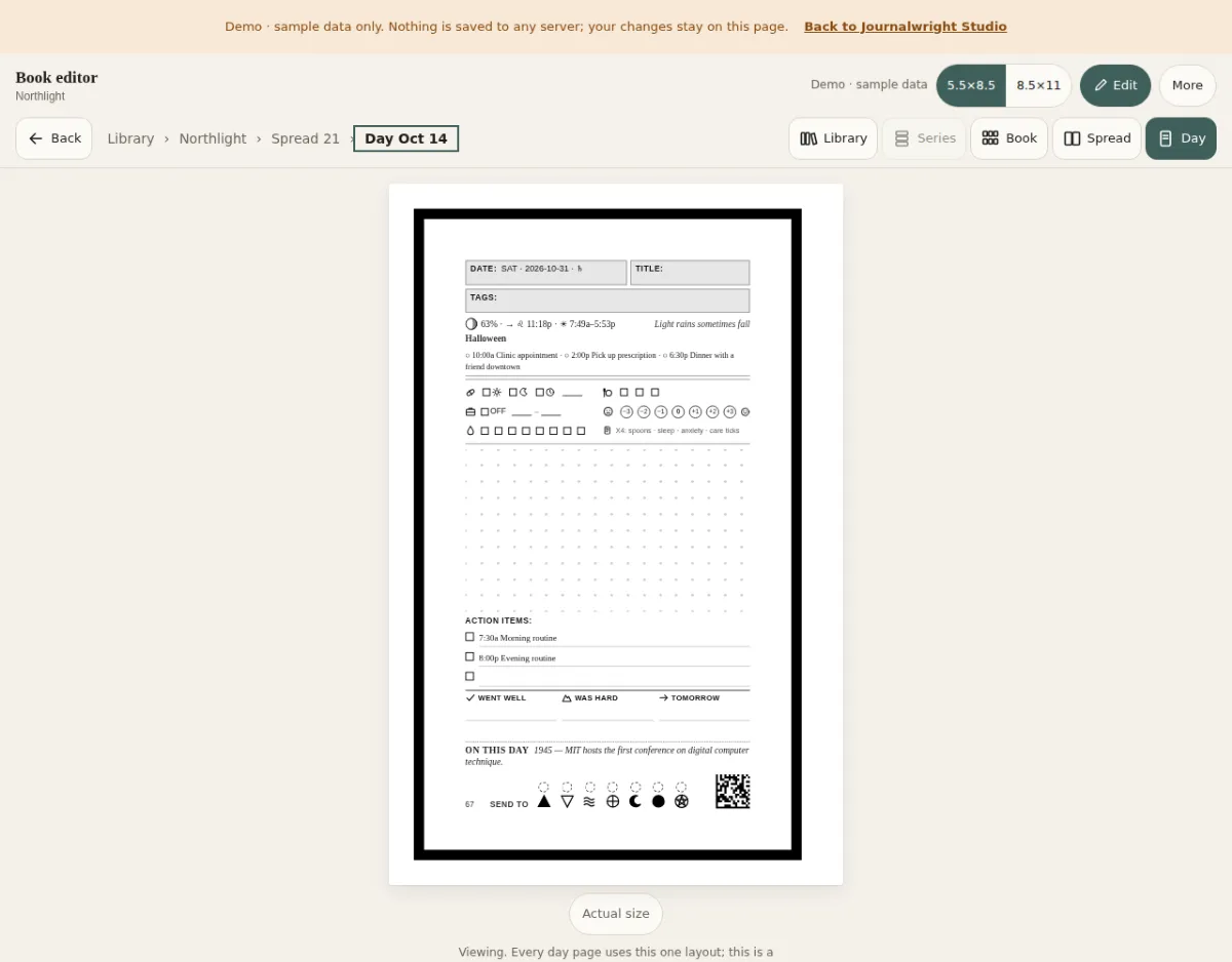 A day page in view mode: only the page, clean and read-only, with an Edit button at the top right.