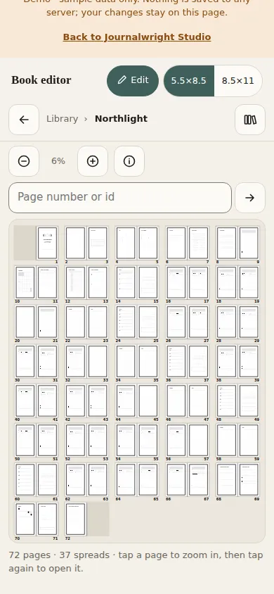 The Book view on a phone, with the page grid fitted to the width.