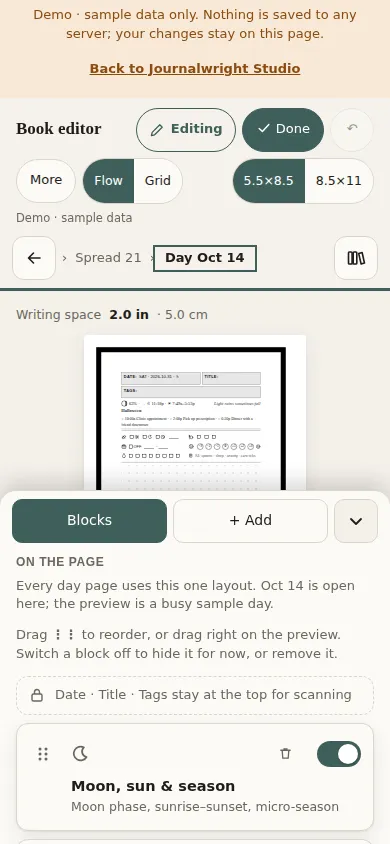 The editor on a 390 pixel wide phone: the page preview with the block palette in a sheet at the bottom.