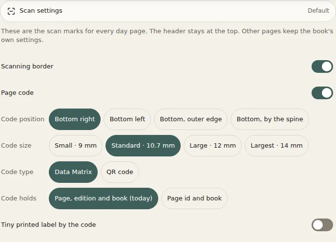 The Scan settings sheet: switches for the send-to strip and the scanning border, and choices for the matrix code position, size and format.