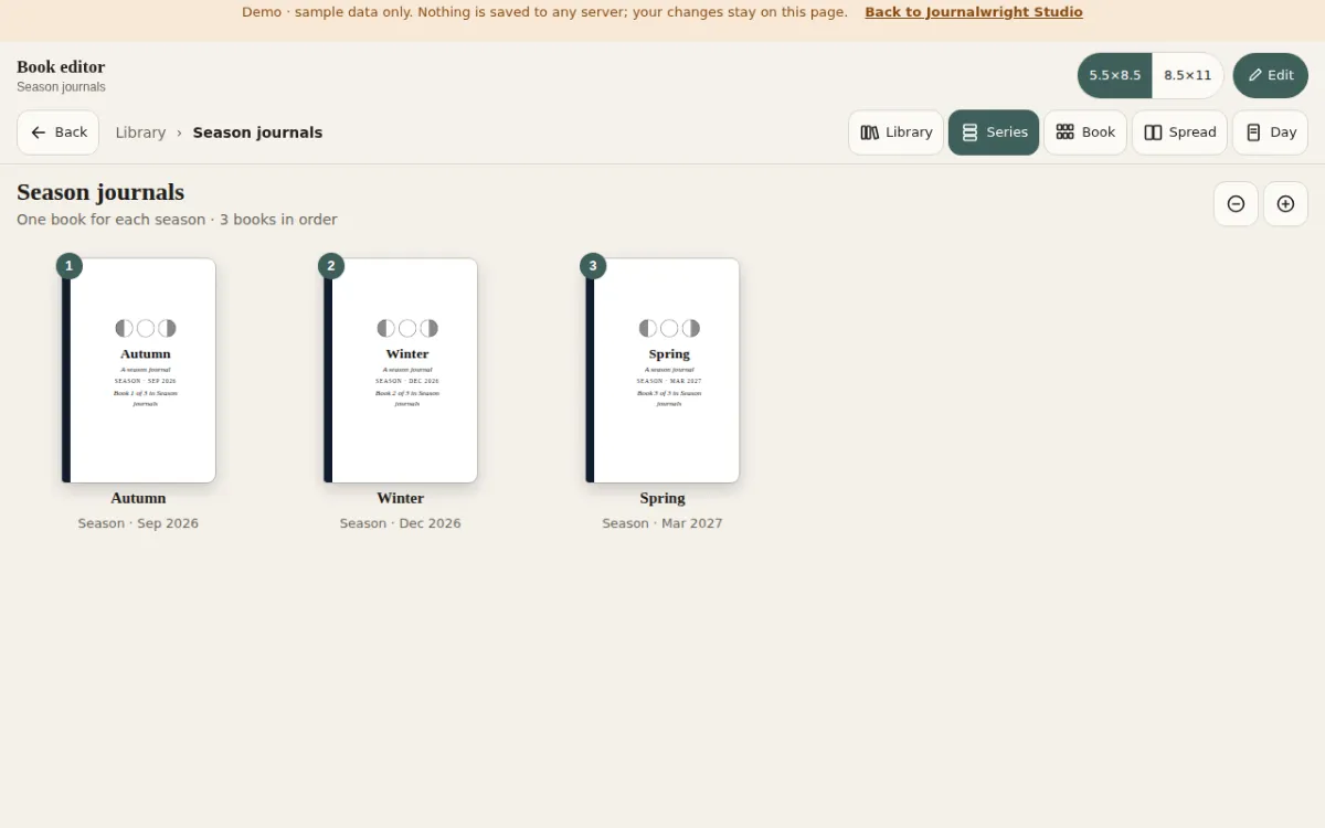 A series shelf: three season journals that share defaults, shown as covers in order.
