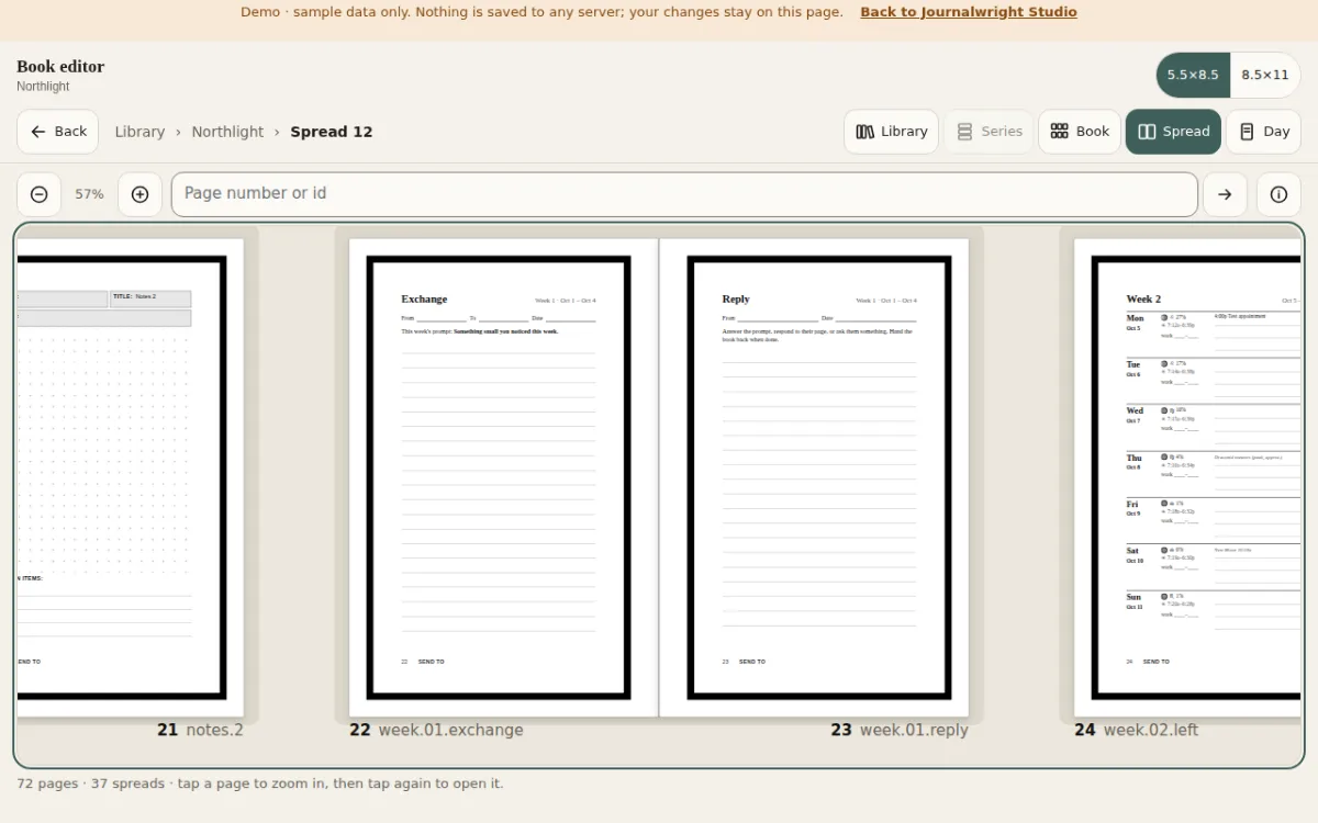 The Spread view: two facing pages, an Exchange page and a Reply page, at reading size.