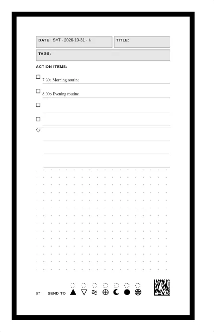 A day page with roomy rows: four wide action lines, three widely spaced lines for small good things, and a large writing space.