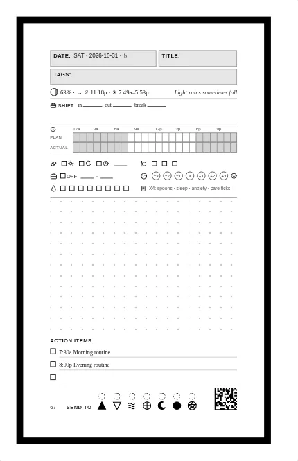 A day page arranged for a night-shift worker: the work shift, a 24-hour time line with plan over actual and the night shaded from the day's sunrise and sunset, a care check-in and a writing space.