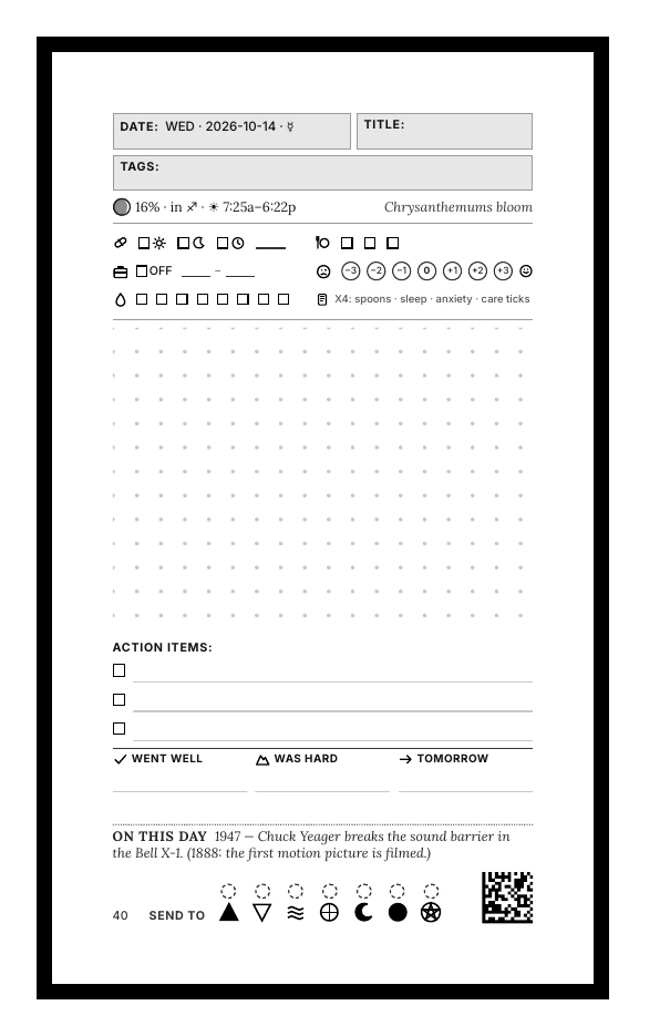 A printed day page from the sample book: date, title and tags at the top, a row of check-in boxes, a dotted writing area, action items, and a scan strip at the bottom.