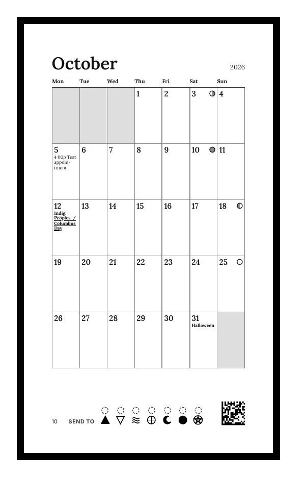 A monthly calendar page: a seven-column grid for October with moon phases and a few events.