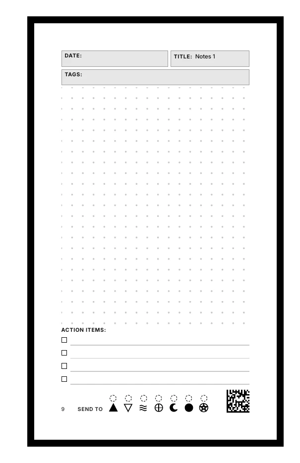A notes page with a title box and a dotted grid for free writing.