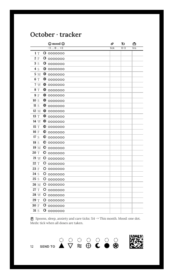 A monthly tracker: a grid of daily boxes for habits.