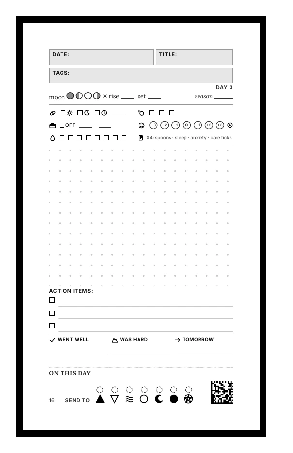 An undated day page: the date box is blank and the page says Day 3, so the book can start on any day.
